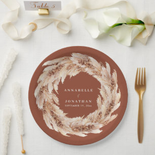 Modern bohemian natural pampas grass wedding rust paper plate
