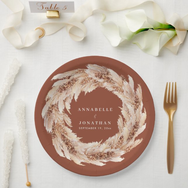 Modern bohemian natural pampas grass wedding rust paper plate (Wedding)