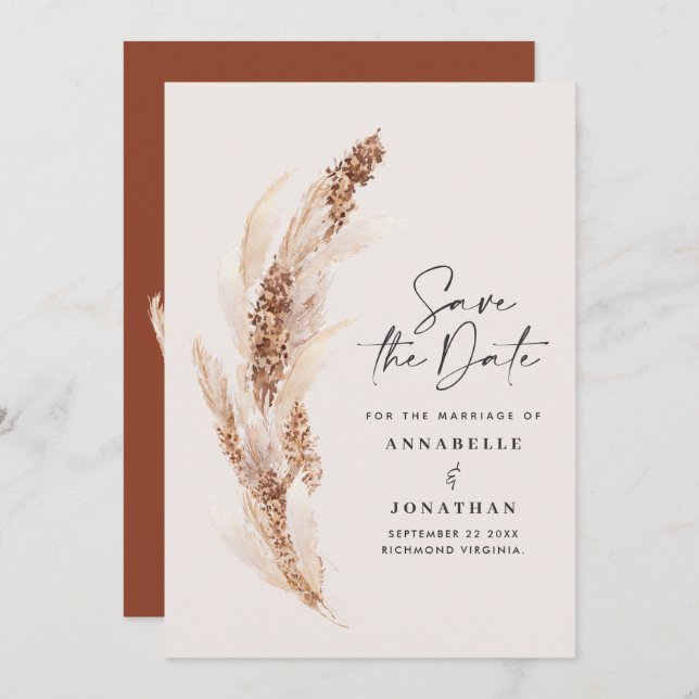 Modern bohemian natural pampas grass wedding save  save the date (Front/Back)