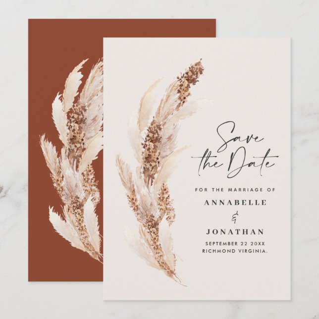 Modern bohemian natural pampas grass wedding save  the date (Front/Back)