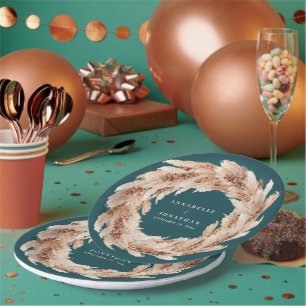 Modern bohemian natural pampas grass wedding teal  paper plate
