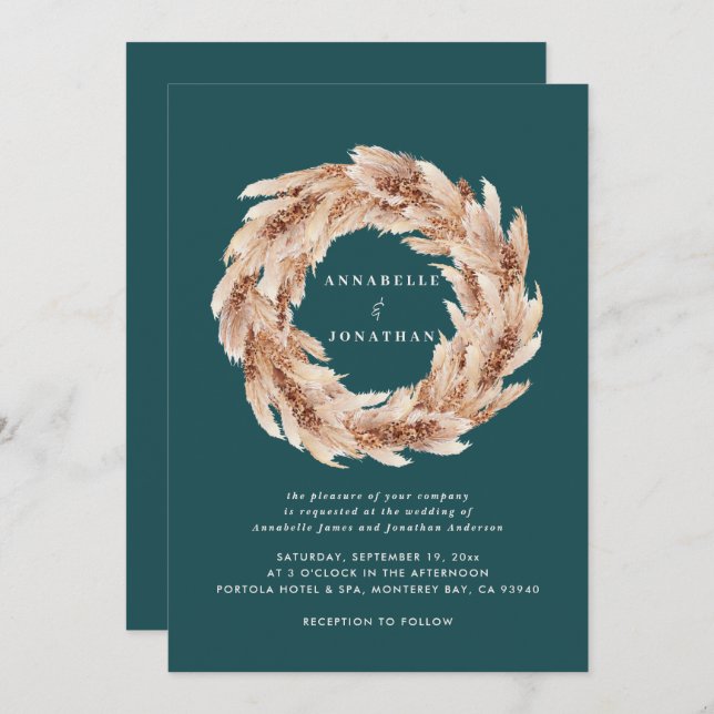 Modern bohemian natural teal pampas grass wedding invitation (Front/Back)
