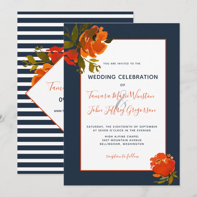 Modern Bohemian Orange Navy Floral Wedding/Event Invitation (Front/Back)