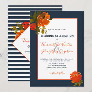 Modern Bohemian Orange Navy Floral Wedding/Event Invitation