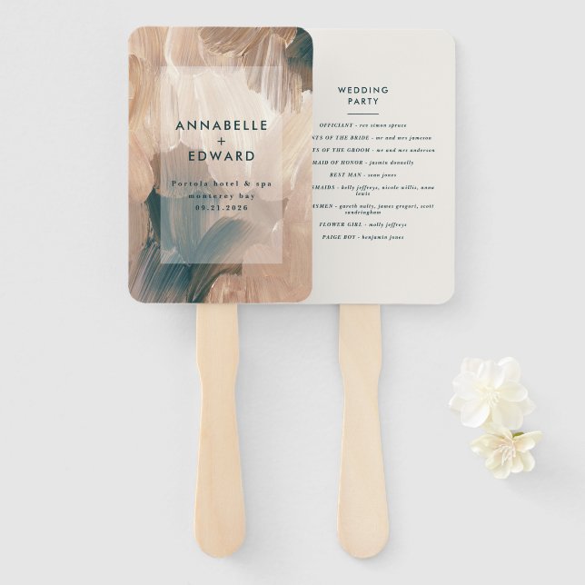Modern bohemian, painterly terracotta teal wedding hand fan (Front and Back)