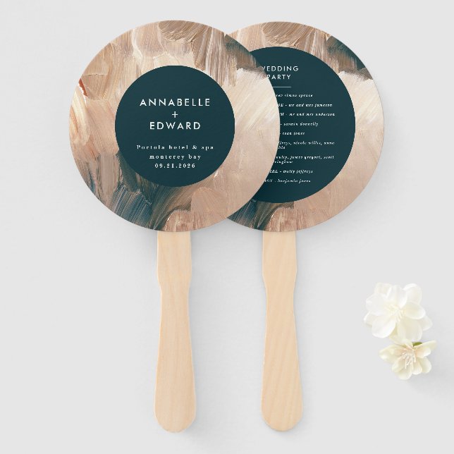 Modern bohemian, painterly terracotta teal wedding hand fan (Front and Back)