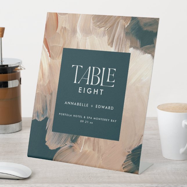 Modern bohemian painterly terracotta teal wedding  pedestal sign (In SItu)