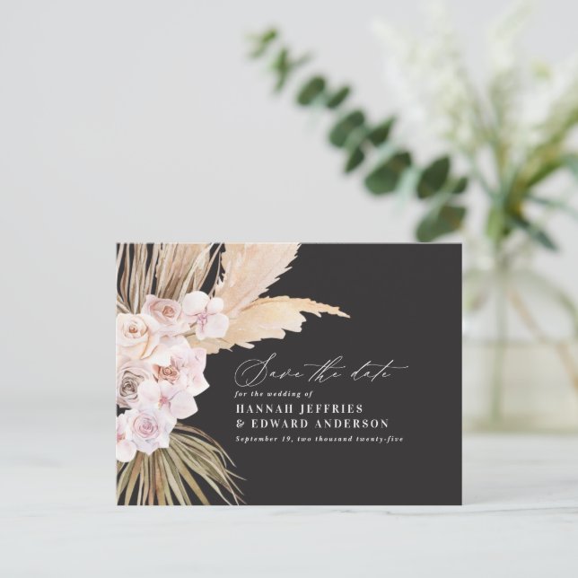 Modern bohemian pampas grass orchid wedding announ announcement postcard (Standing Front)