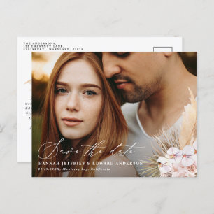Modern bohemian pampas grass orchid wedding photo announcement postcard