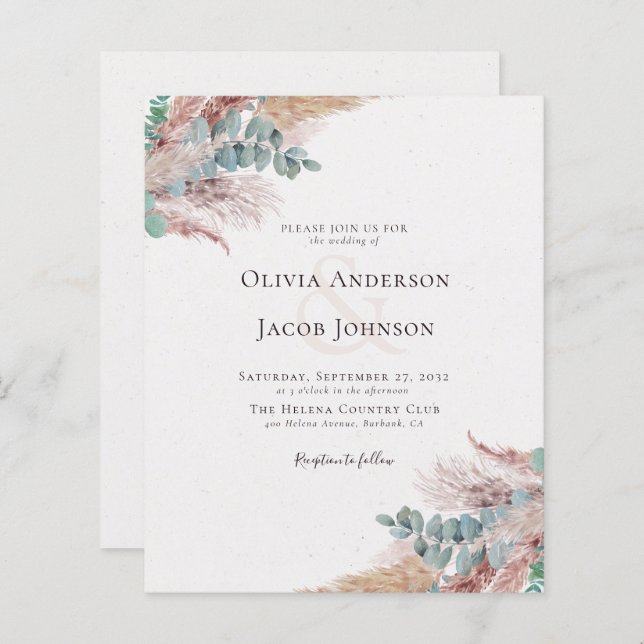 Modern Bohemian Pampas Grass Wedding Invitation (Front/Back)