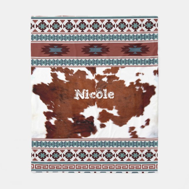 Modern Bohemian Rustic South Western Cowhide Fleece Blanket (Front)