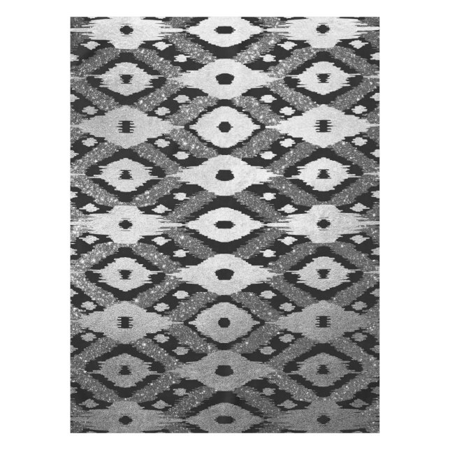 Modern Bohemian Silver Black Glitter Ikat Pattern Tablecloth (Front)