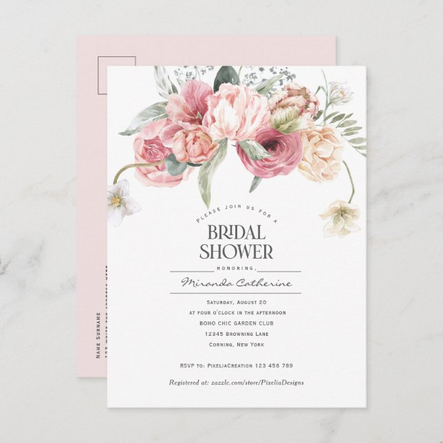 Modern bohemian style floral garden bridal shower invitation postcard (Front/Back)