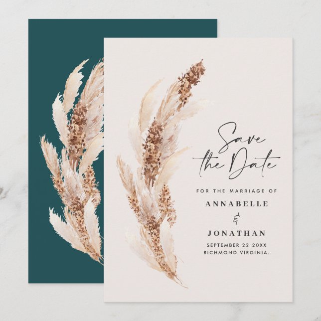 Modern bohemian teal pampas grass wedding save the date (Front/Back)