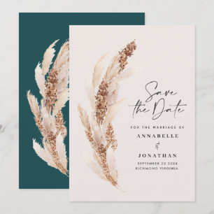 Modern bohemian teal pampas grass wedding save the date
