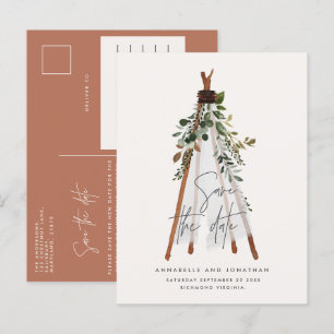 Modern bohemian teepee botanical rustic backyard announcement postcard