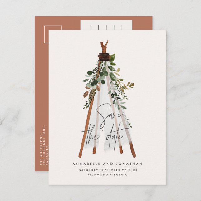 Modern bohemian teepee botanical rustic backyard announcement postcard (Front/Back)