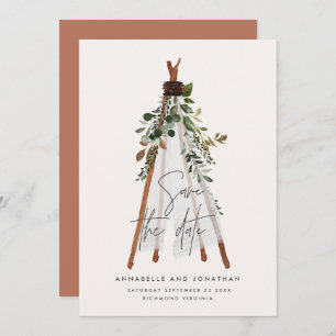 Modern bohemian teepee botanical rustic backyard save the date