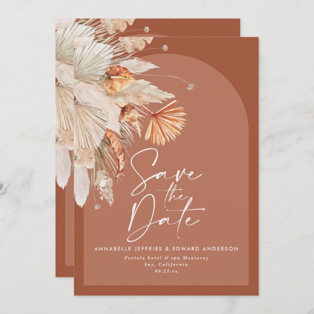 Modern bohemian terracotta pampas grass stylish  save the date (Front/Back)