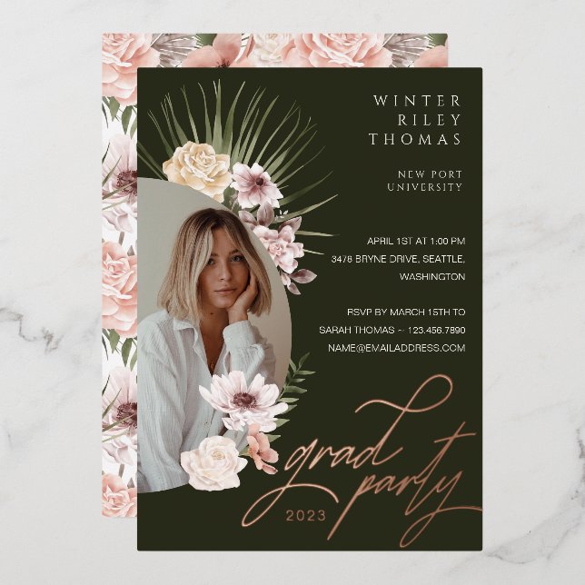 Modern Bohemian Watercolor Florals Graduate Photo (Front/Back)