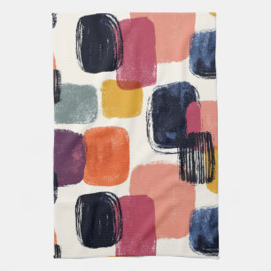 Modern Boho Abstract Brushstroke -Bold Retro Colou Tea Towel
