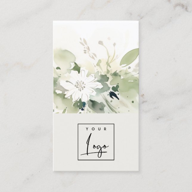 Modern Boho Abstract Green White Floral Logo Business Card (Front)