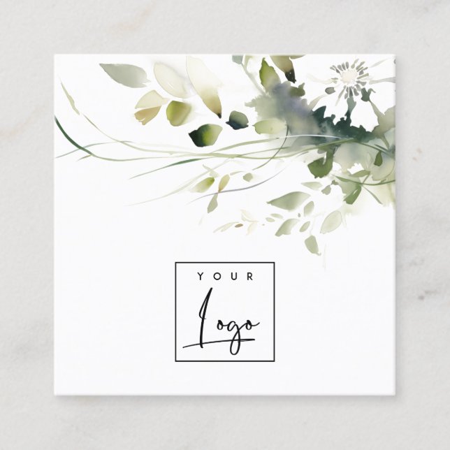 Modern Boho Abstract Green White Floral Logo Square Business Card (Front)