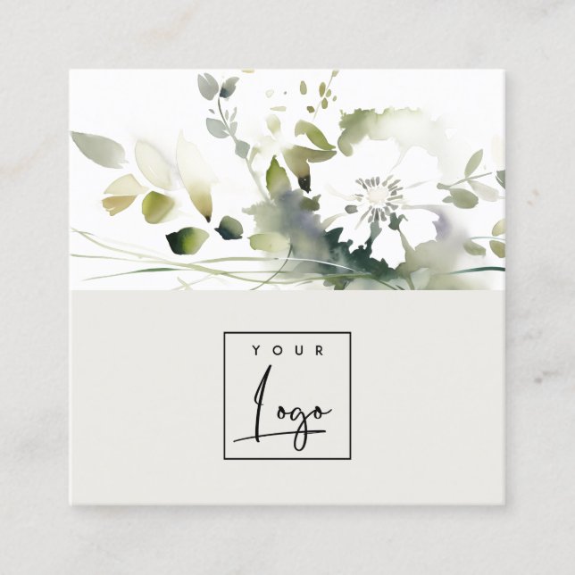 Modern Boho Abstract Green White Floral Logo Square Business Card (Front)
