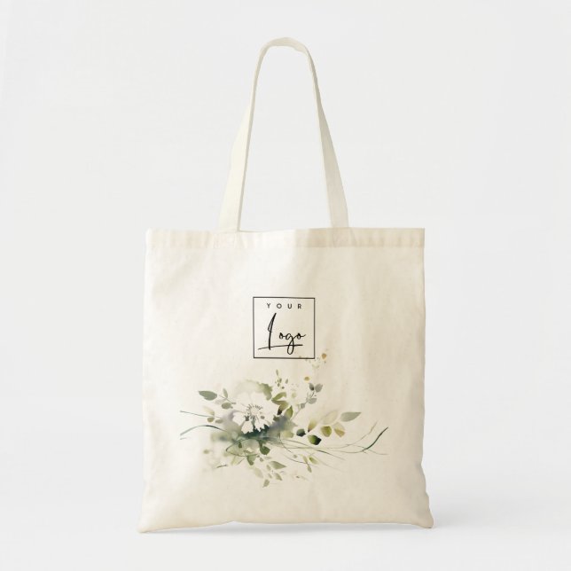 Modern Boho Abstract Green White Floral Logo Tote Bag (Front)