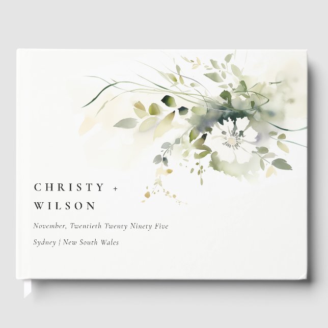 Modern Boho Abstract Green White Floral Wedding Guest Book (Front)
