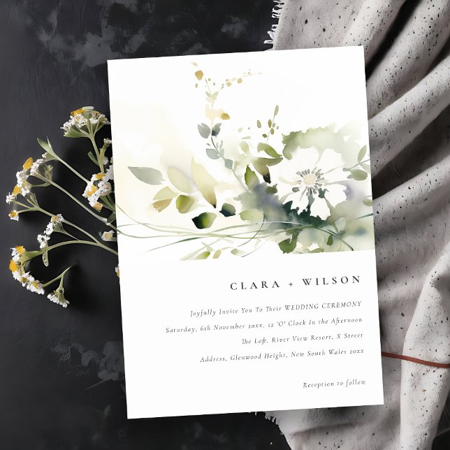Modern Boho Abstract Green White Floral Wedding Invitation (Creator Uploaded)