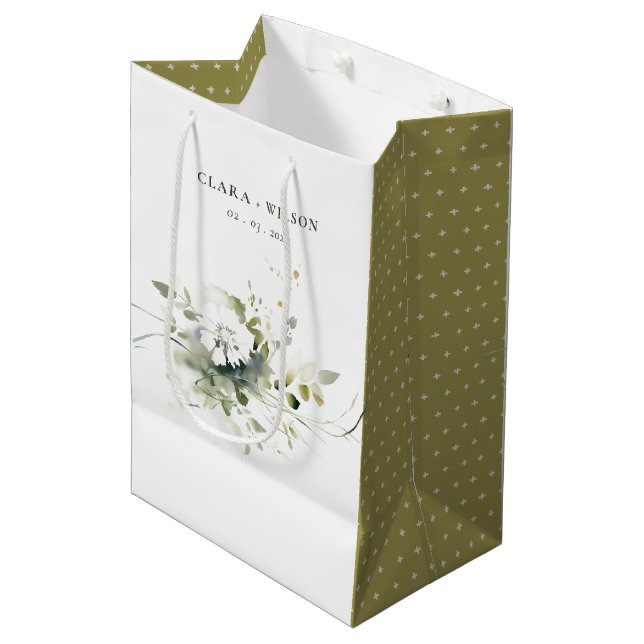 Modern Boho Abstract Green White Floral Wedding Medium Gift Bag (Front Angled)