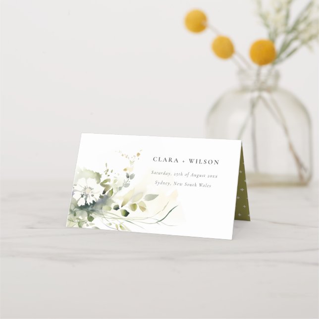 Modern Boho Abstract Green White Floral Wedding Place Card (Front)