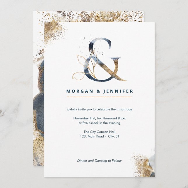 Modern boho ampersand navy and gold invitation (Front/Back)