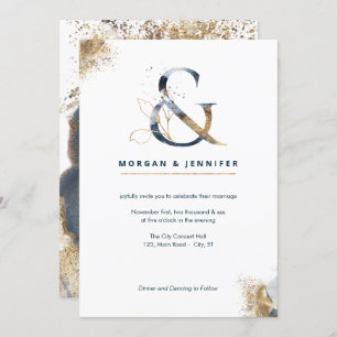 Modern boho ampersand navy and gold invitation