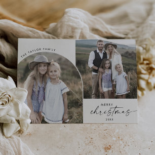 Modern Boho Arch 2 Family Photo Merry Christmas Holiday Card