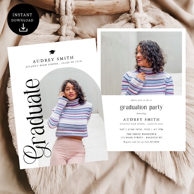 Modern Boho Arch 2 Photos Graduation Invitation (Creator Uploaded)