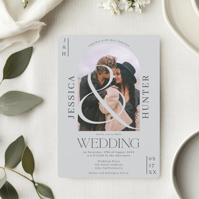 Modern boho arch 2 photos light grey wedding invitation (Modern boho arch 2 photos light gray wedding invitation)