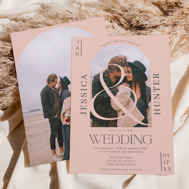 Modern boho arch 2 photos wedding pale pink invitation (Creator Uploaded)