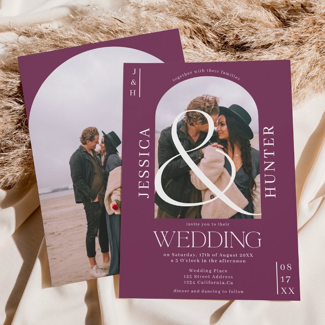 Modern boho arch 2 photos wedding purple invitation (Creator Uploaded)