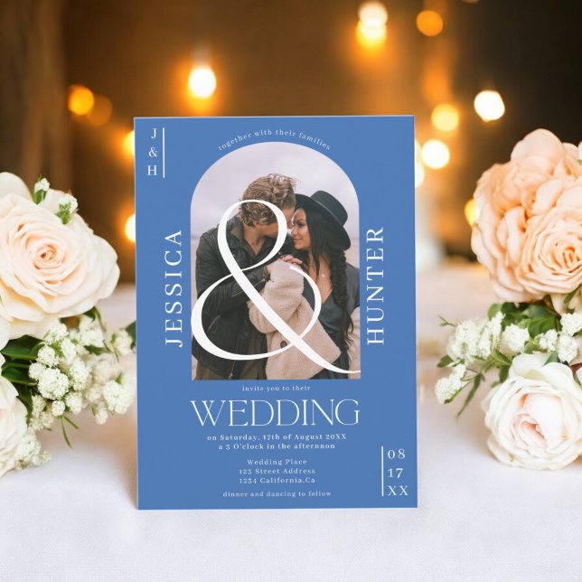 Modern boho arch 2 photos wedding retro blue invitation (Modern boho arch 2 photos wedding retro blue invitation)