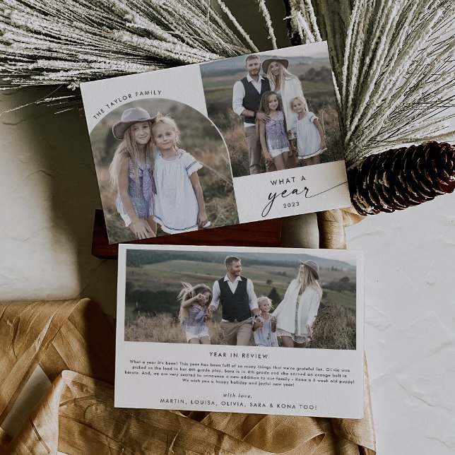 Modern Boho Arch 3 Family Photos What A Year News Holiday Card (Creator Uploaded)