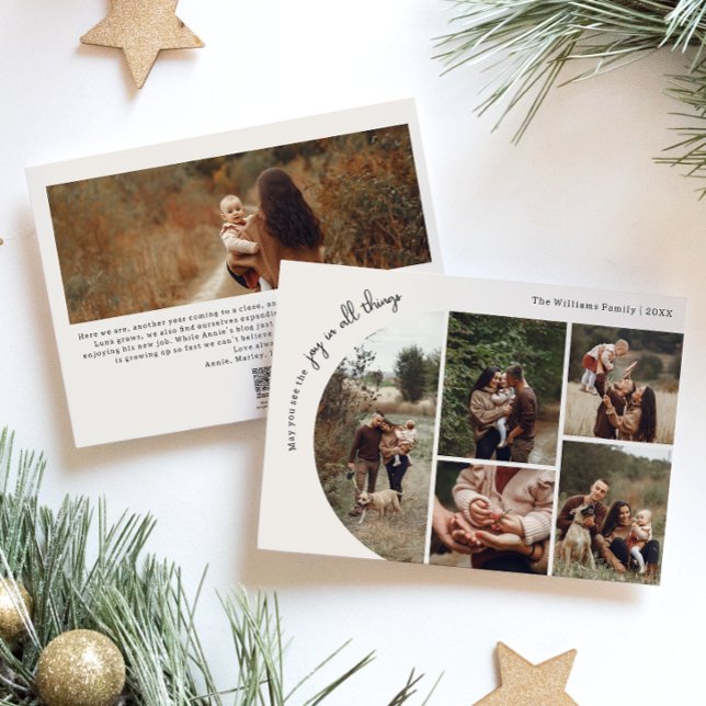 Modern Boho Arch Beige Joy In All Things Six Photo Holiday Card (Creator Uploaded)