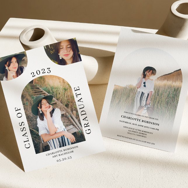 Modern boho arch black white 4 photo graduation invitation (Creator Uploaded)