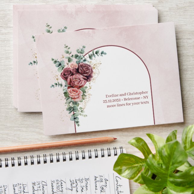 Modern boho arch blush and burgundy floral gold envelope (Stacked)