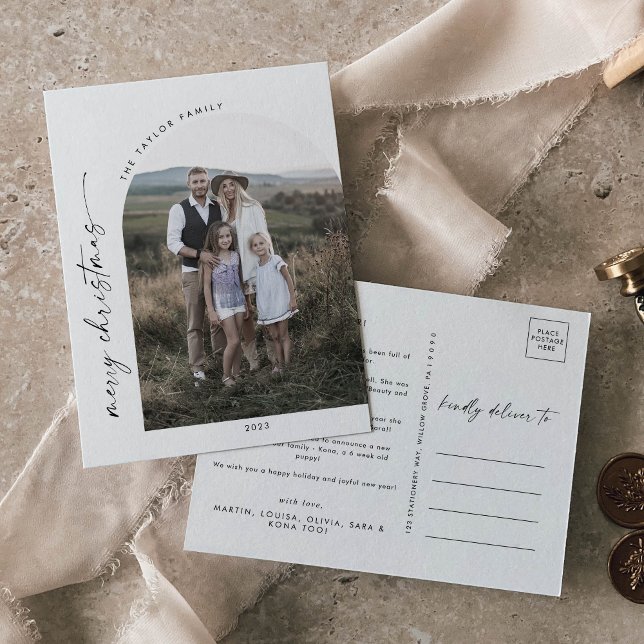 Modern Boho Arch Christmas Photo Year in Review Holiday Postcard (Creator Uploaded)