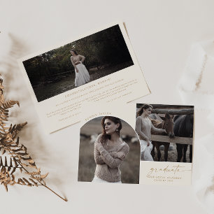 Modern Boho Arch Cream Graduate 3 Photo Graduation Announcement