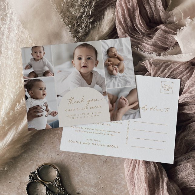 Modern Boho Arch Cream Multi Photo Thank You Birth Announcement Postcard (Creator Uploaded)