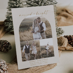 Modern Boho Arch   Cream Photo Collage Newlywed Holiday Card