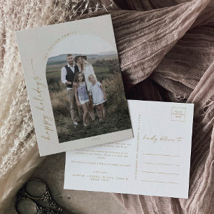 Modern Boho Arch Cream Photo Year in Review Holiday Postcard